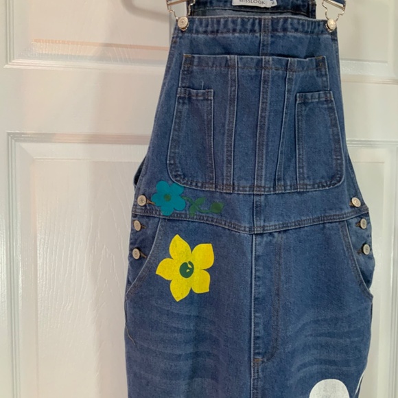 Miss Look Painted Flowers Denim Boho Overalls Size Medium - Picture 8 of 14